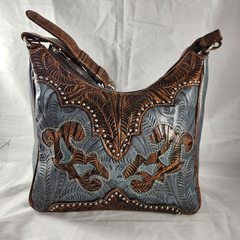 American West Annie's Secret Blue Leather Shoulder Bag Conceal Carry Hand Tooled